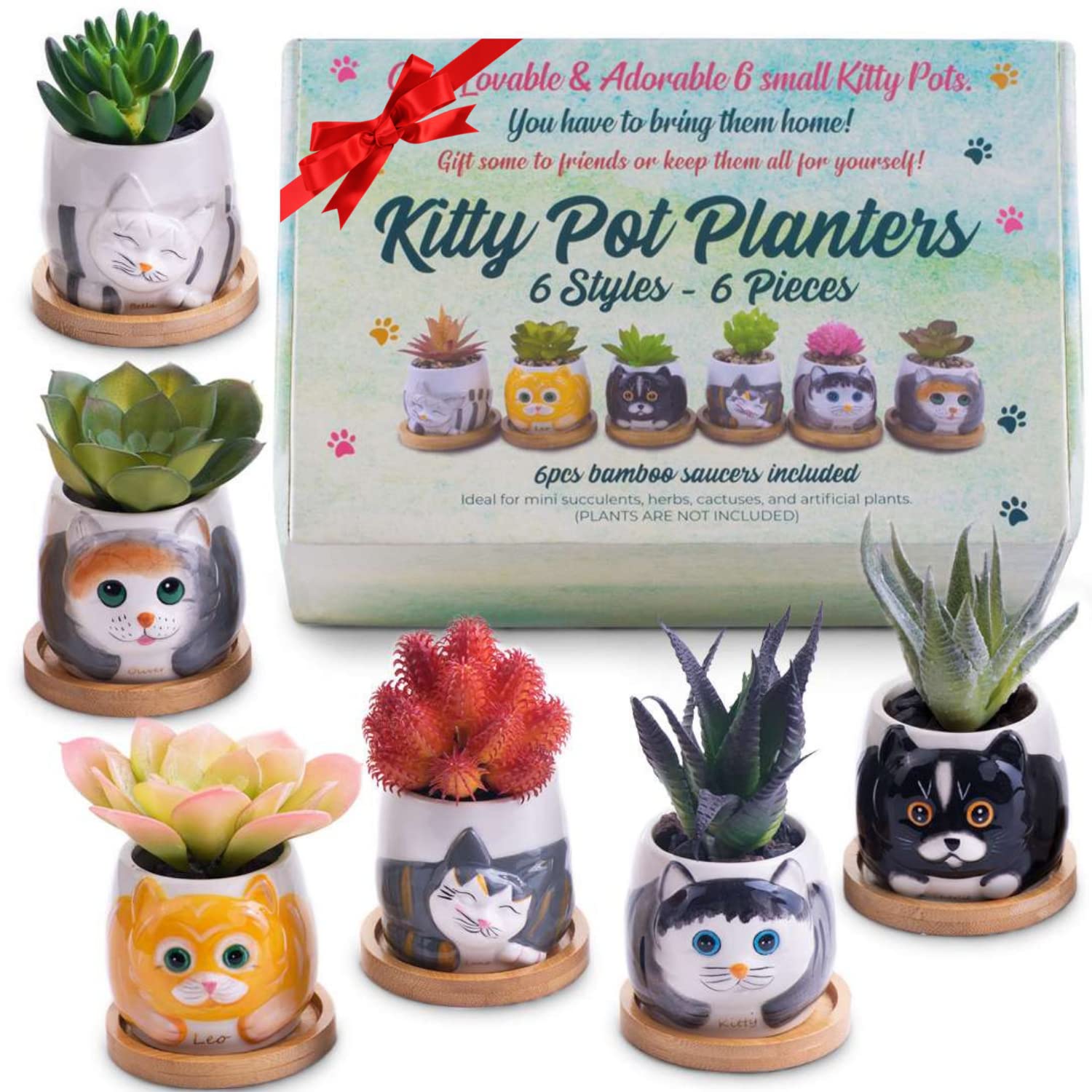 6 Pcs Ceramic Succulent Pots with Unique 3D Hand-Painted Cat Faces - Mini Cat Planter Succulent Pot Cat Decor for Cat Lovers Owners, Cat Gift with Drain Hole & Bamboo Saucers - Cat Mom Gifts for Women
