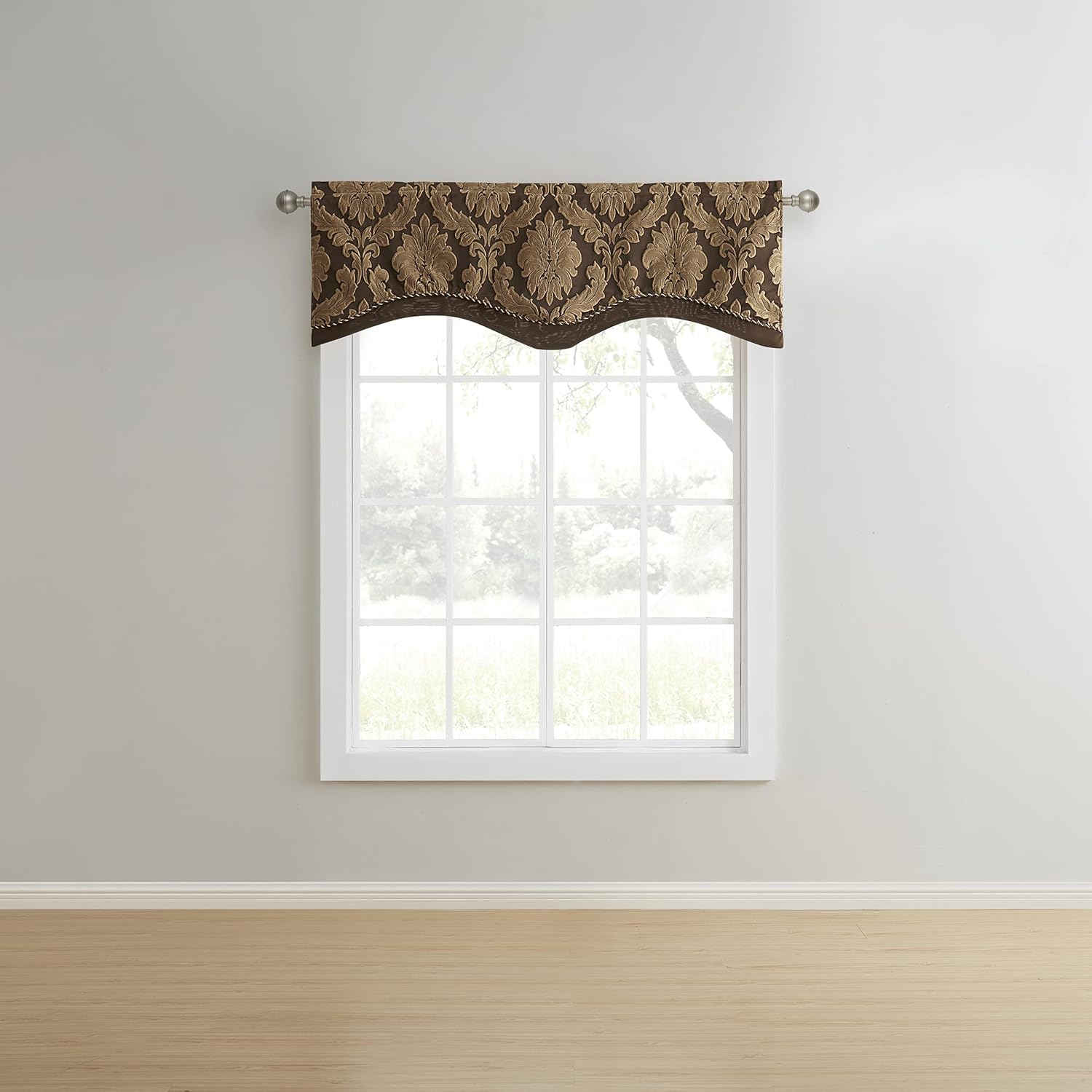 Renaissance Home Fashion Darby Layered Scalloped Valance with Cording, Café, 50 by 17-Inch