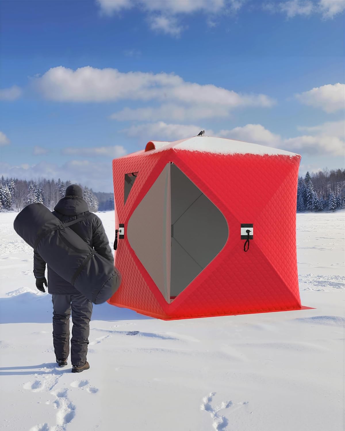 Pop-Up Ice Fishing Tent, Portable Windproof Insulated Hub Tent for 1-8 Person Winter Fishing with 210d Oxford Fabric, Includes Anchors & Carry Bag