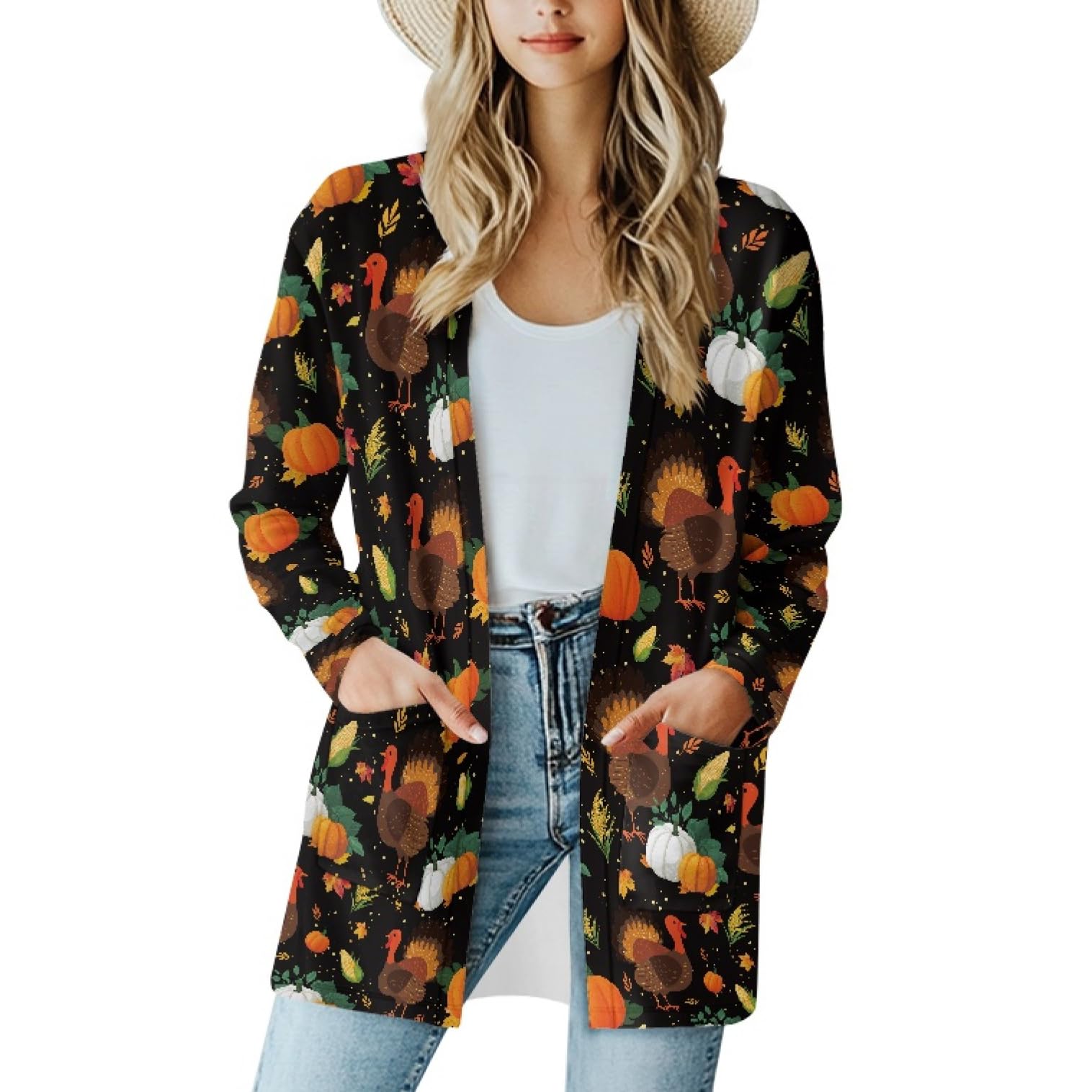 Fall Maple Leaf Cardigan Sweaters for Women Long Sleeve Cardigan Soft Drape Open Front Dusters V-Neck Jackets Dressy