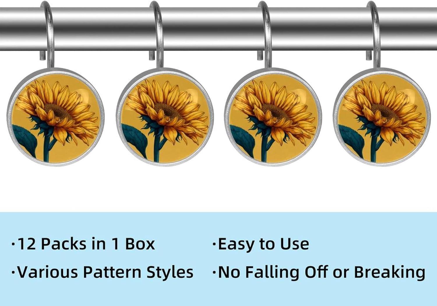 Set of 12 Shower Curtain Hooks Rust Proof Shower Hooks for Bathroom Home Decor, Abstract Sunflower (3)