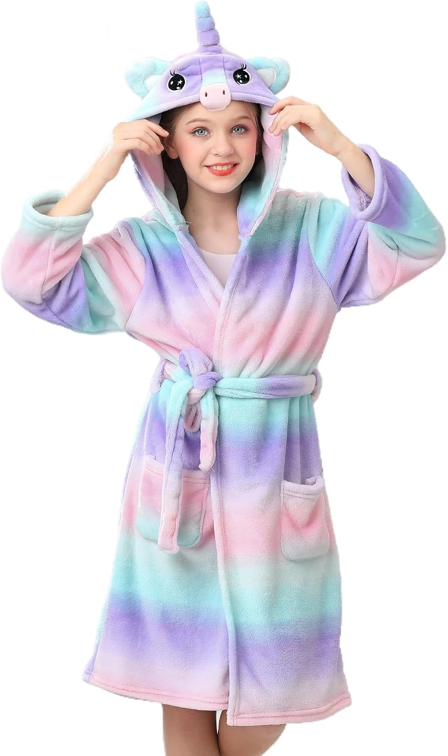 V.&GRIN Girls Fleece Hooded Robe, Soft Plush Warm Bathrobe Cozy Unicorn Sleepwear Gift for 5-14 Years
