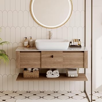 48" Floating Bathroom Vanity with Sink, Modern Ceramic Single Sink Bathroom Vanity Wood Cabinet with Extra Shelf, Sintered Stone Top, Pre-Assembled with U-Shaped Organizer Drawer
