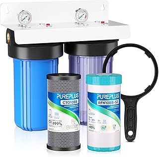 PUREPLUS 2-stufiges Wasserfiltersystem für das ganze Haus, reduziert Eisen, Mangan, Chlor und Geruch, 25,4 x 11,4 cm, blaues Gehäuse, 2,5 cm Einlass/Auslass, RFN-Eisen und zertifizierte