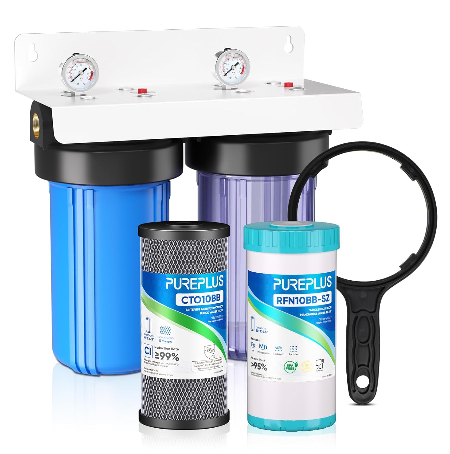 PUREPLUS 2-Stage Whole House Water Filtration System, Reduces Iron, Manganese, Chlorine & Odor, 10" x 4.5" Blue Housings, 1" Inlet/Outlet, RFN Iron & Certified CTO Carbon Filters