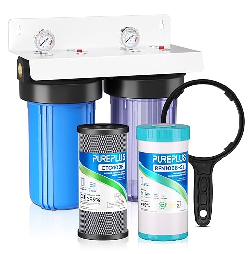 Vista 10 de PUREPLUS Sistema de filtración de agua de 2 etapas para toda la casa, carcasa transparente universal de 10 pulgadas, reduce los sedimentos