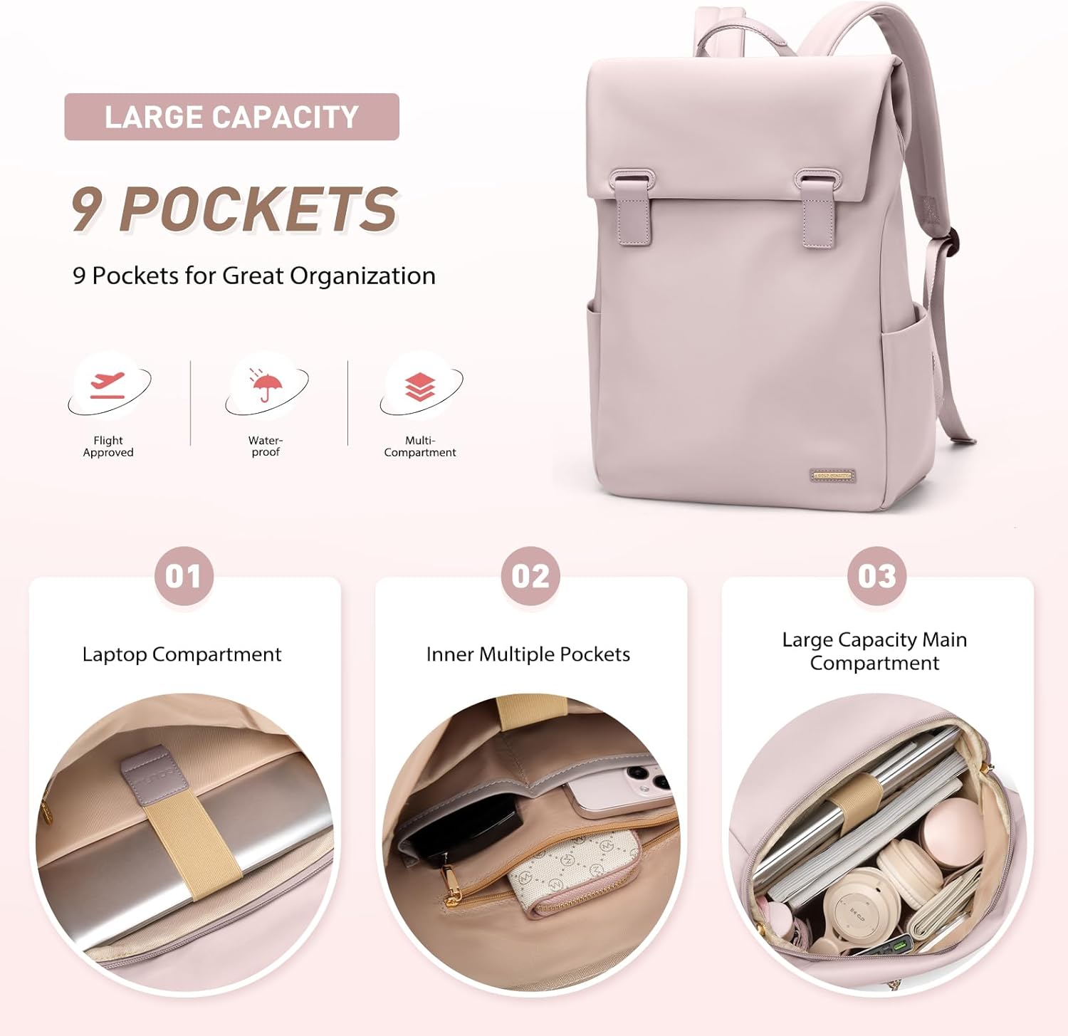 Women Laptop Backpack Computer Backpacks Carry On Waterproof backpack Fits 14Inch Notebook Travel Commute College (Dusty Pink)