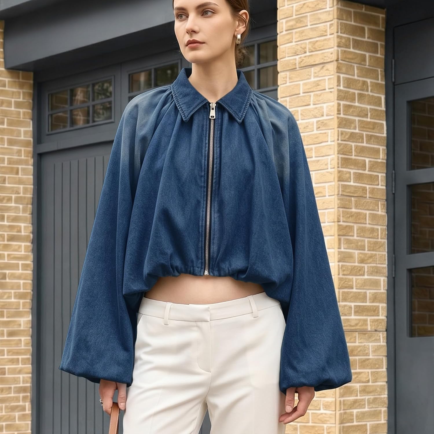 Women's Cropped Denim Bomber Jacket Collared Zip Up Balloon Sleeve Loose Fit Coat