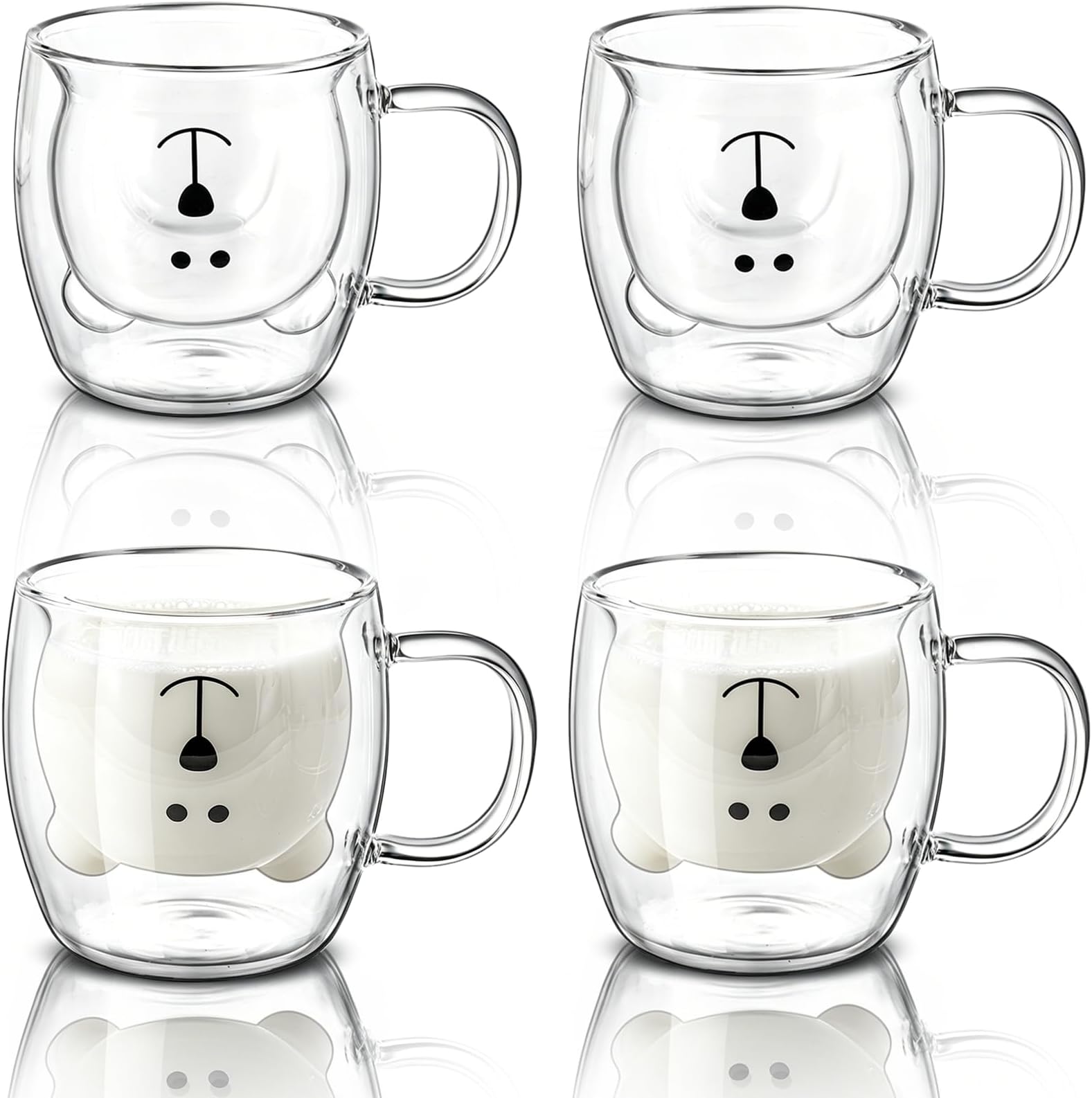 Yopay 4 Pack Glass Bear Coffee Mugs, 8.5 oz Double Wall Insulated Cute Kids Coffee Milk Beer Cups for Latte, Cappuccino, Americano, Tea, Beverage, Valentine's Day Birthday