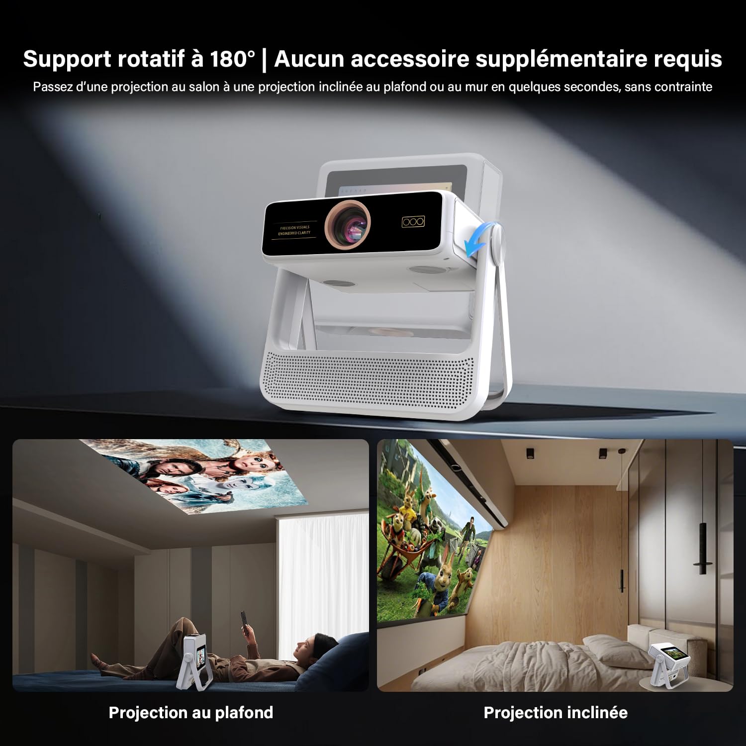 Mini proiettore Smart con supporto 4K con touchscreen, messa a fuoco automatica e correzione trapezoidale, WiFi 6 Bluetooth HDR10+, 1000+ app, doppio display