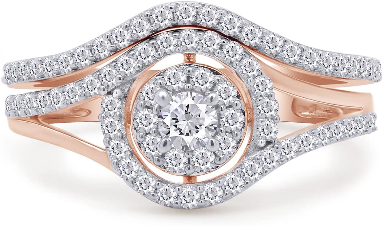 SAVEARTH DIAMONDS Round Cut Diamond Moissanite Lab Created Double Halo Split Shank Swirl Engagement Wedding Ring Set Bridal Jewelry for Women in 18k Gold Plated 925 Sterling Silver 0.60 Cttw, G-H/VVS1