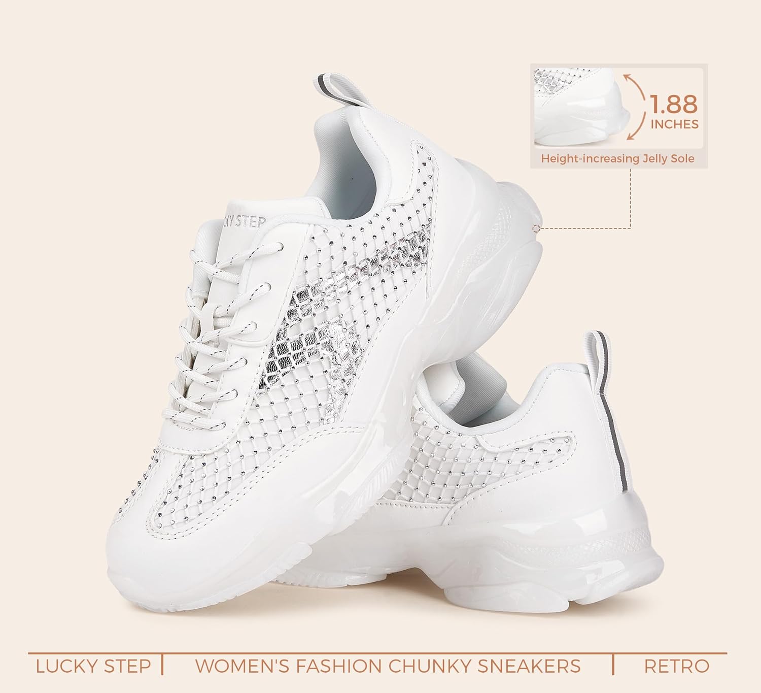 LUCKY STEP Women's Fashion Rhinestone Platform Sneakers Bling Tennis Casual Breathable Walking Shoes Trendy Bedazzled Wedding Bridal Party Footwear