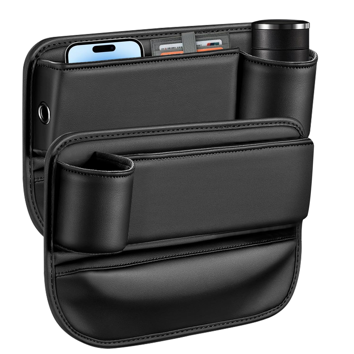 [2 Pack] Car Seat Gap Filler Organizer with Cup Holder, Multifunctional Car Side Seat Gap Filler Automotive Storage Box for Phones, Glasses, Keys, Cards - Adjustable Leather Gap Filler for Cars