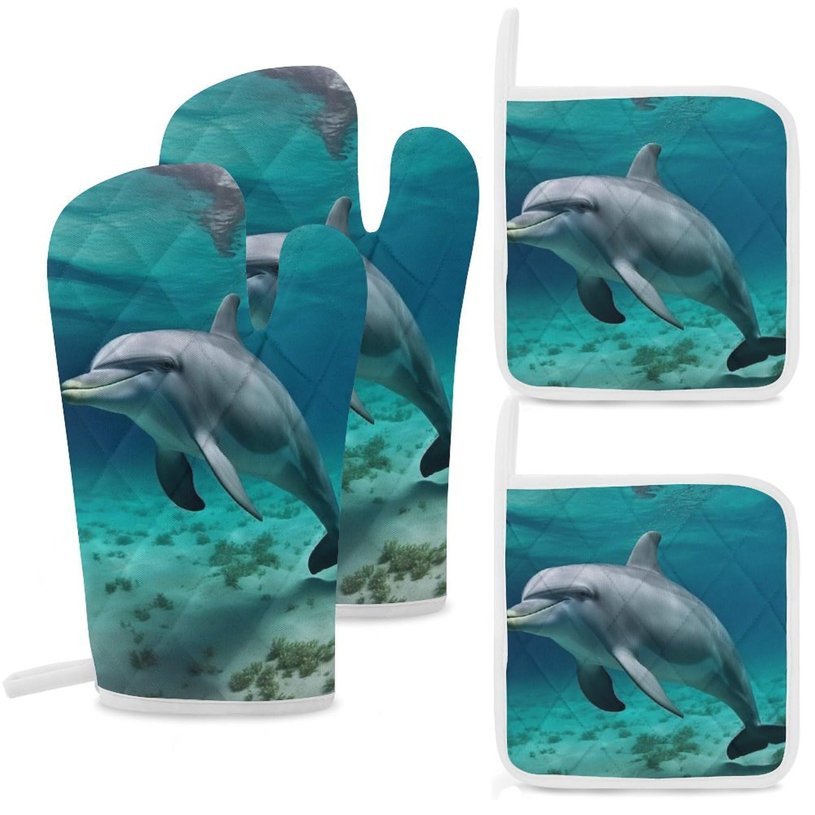 Oven Mitts and Pot Holders Set of 4 Heat Resistant Non-Slip Kitchen Gloves Hot Pads Dolphins Underwater Mittens Gloves Non-Slip Potholders for Cooking Baking Grilling BBQ