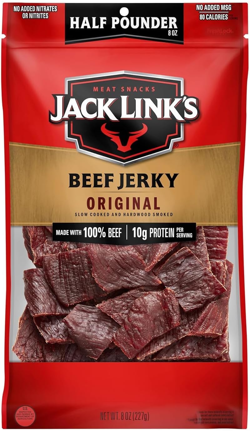 Jack Link's Beef Jerky Half Pounder - Original - Made with 100% Real Beef - Ready to Eat Real Meat Protein Snacks - 10g Protein per Serving - 8 oz Large Jerky Bag