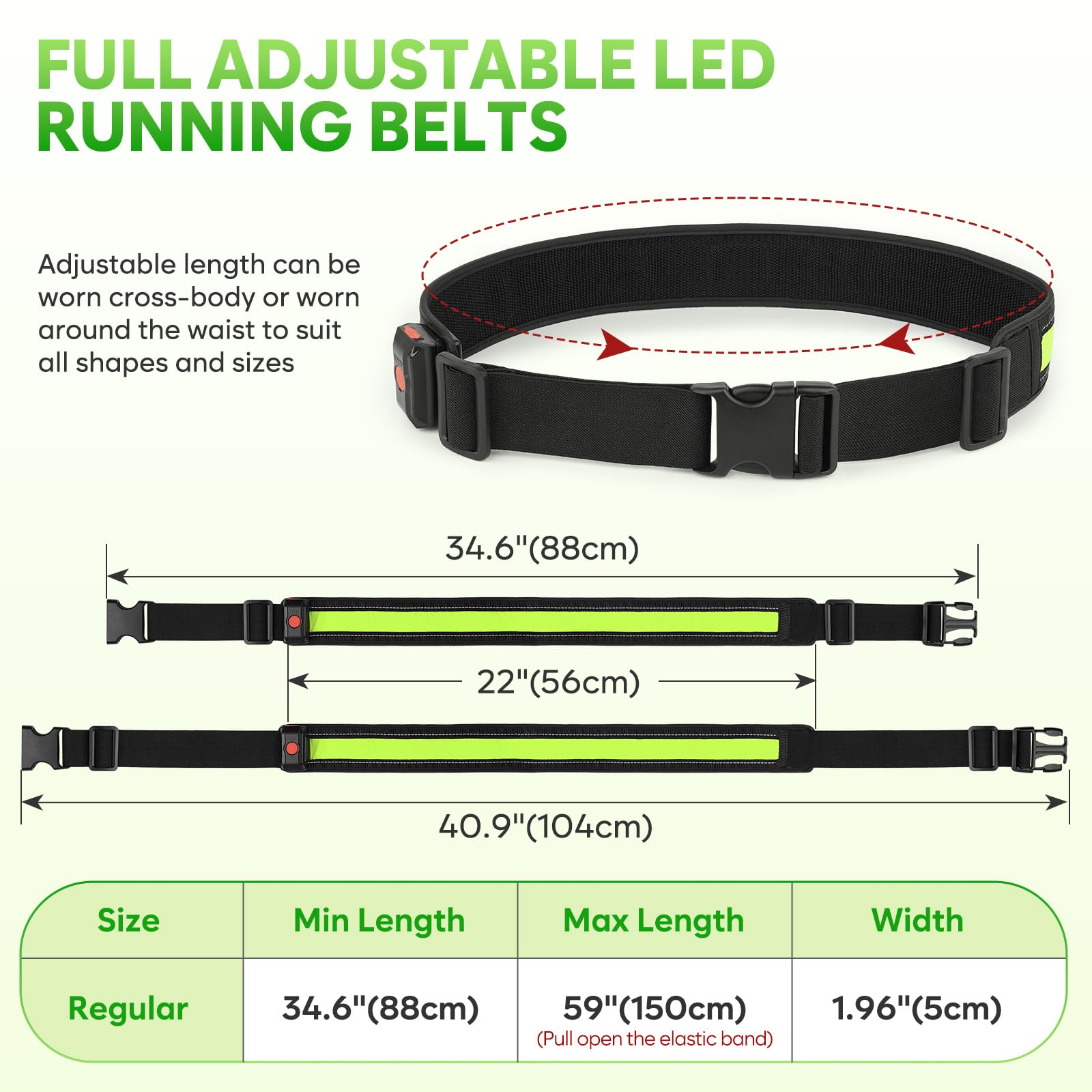 Llumifun - Cinturón LED para correr, cintura LED recargable por USB, cinturón de seguridad con luz para correr, trotar, ciclismo, campamento, caminar (verde) 5