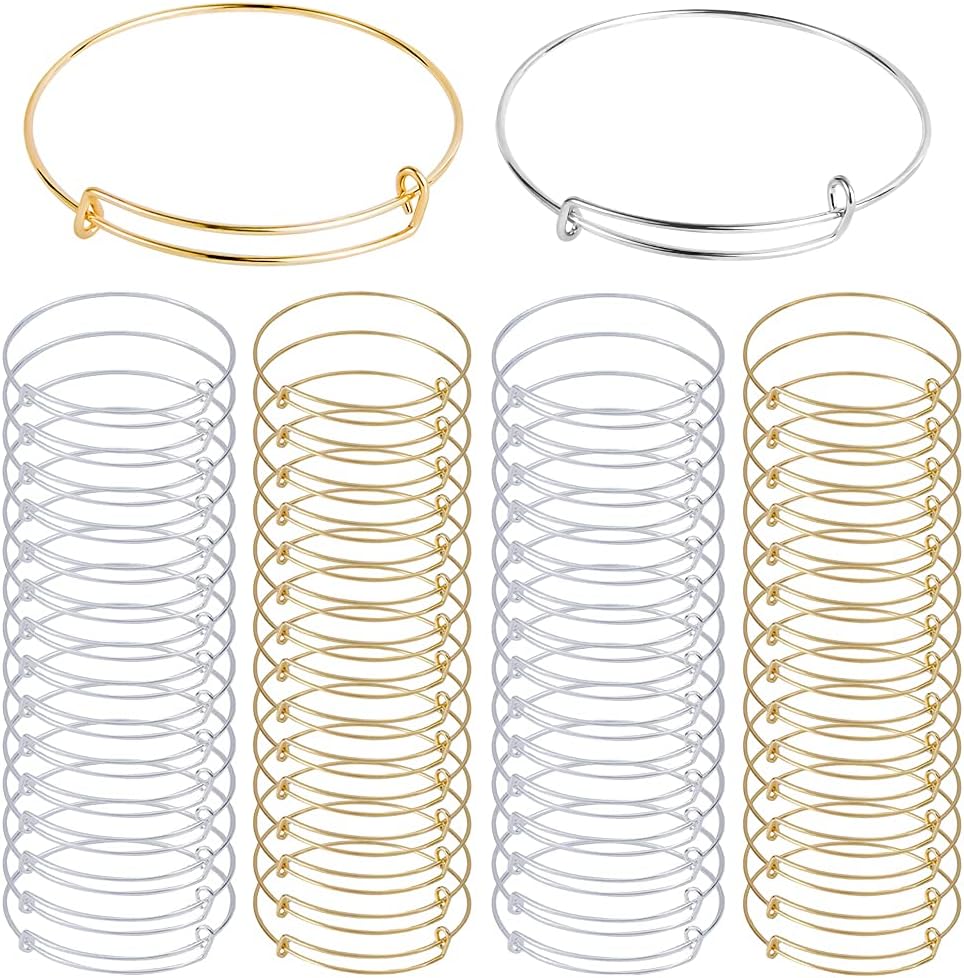 NOOBECR 60 PCS Expandable Bangle Bracelet Adjustable Blank Wire Chains for DIY Jewelry Making (Silver and Gold)