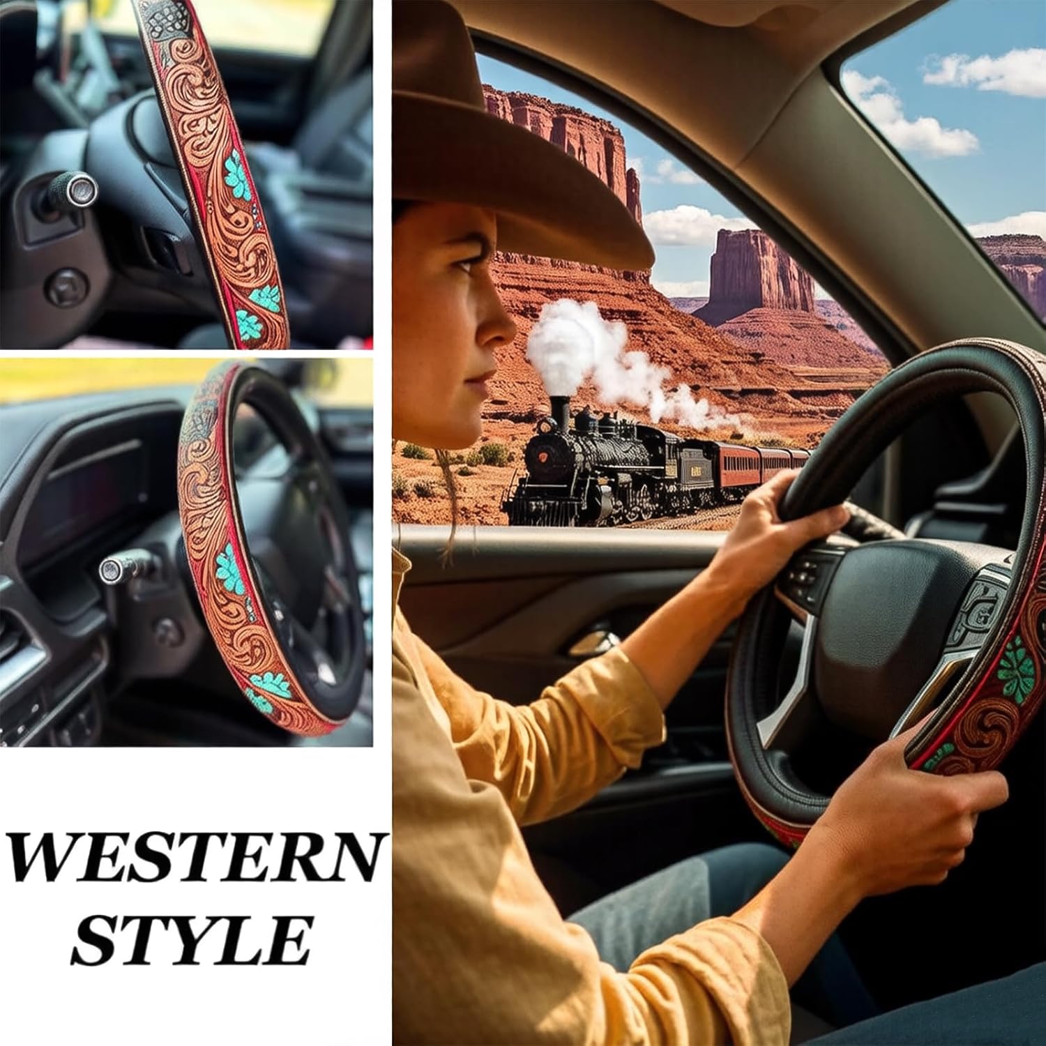 Western Steering Wheel Cover, Tooled Hand-Painted Design, Anti-Slip Universal Fit For Suvs/Trucks, All-Weather Breathable Car Interior Accessory - Universal 15 Inch (C-3)