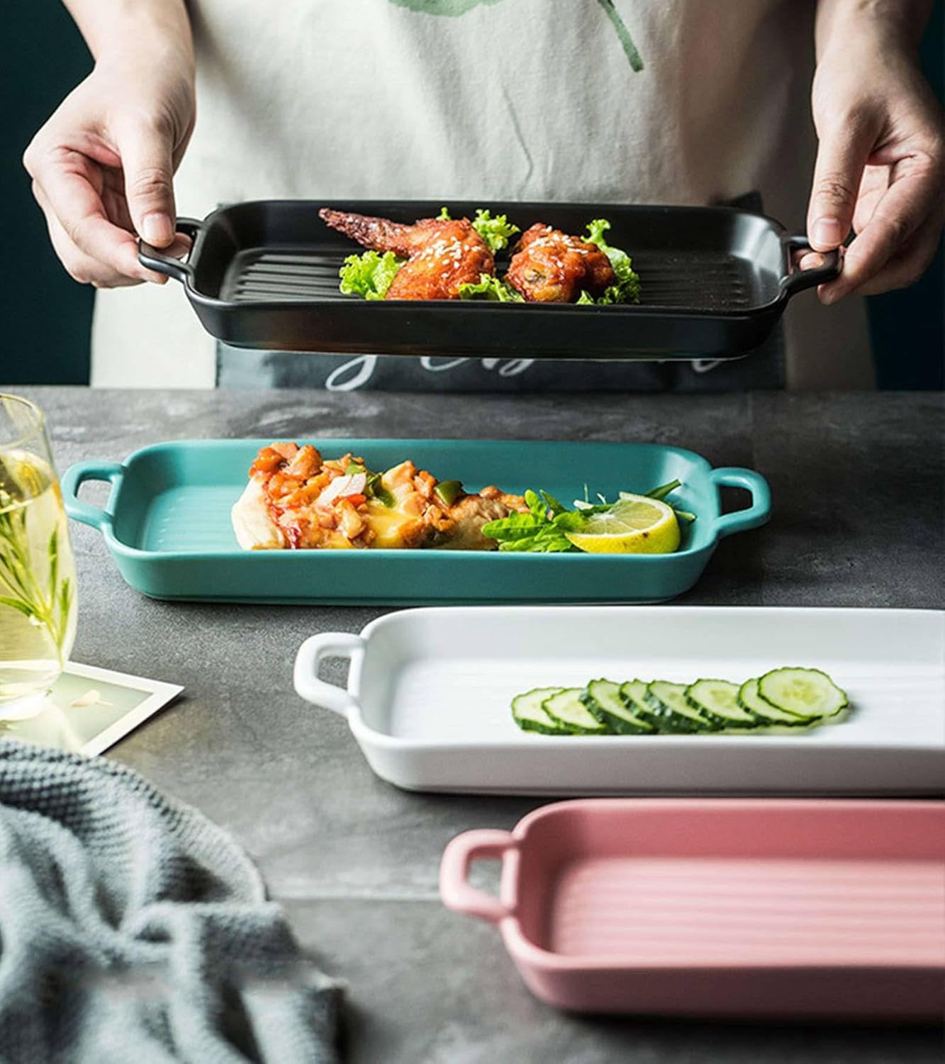 Solid Color Rectangular Baking Pans for Oven Ceramic, Shallow Lasagna Pan with Handles, Porcelain Baking Pan(Black)