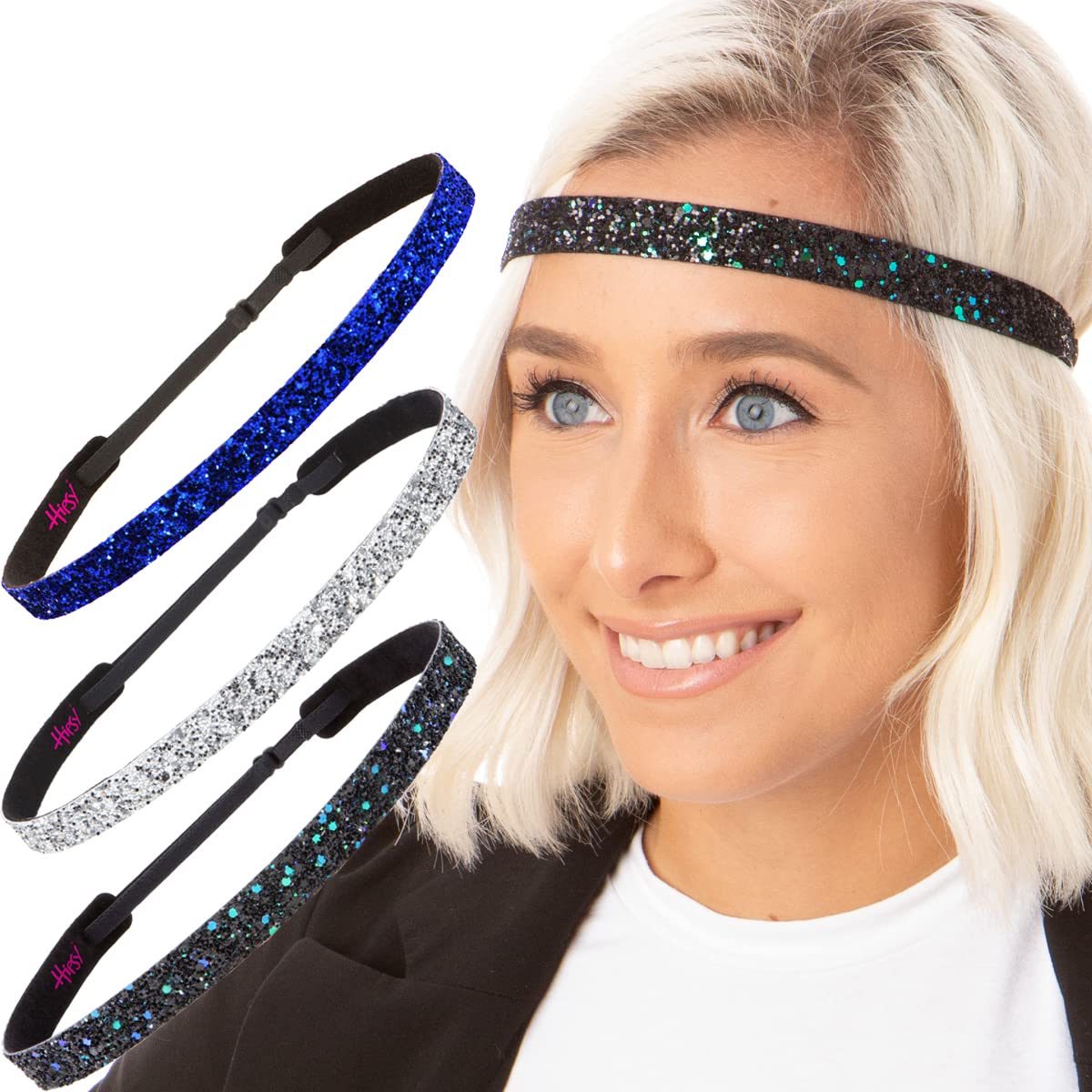 Hipsy Women's Adjustable No Slip Bling Glitter Skinny Cute Headband 3-pack (Skinny Peacock/Silver/Royal Blue 3pk)