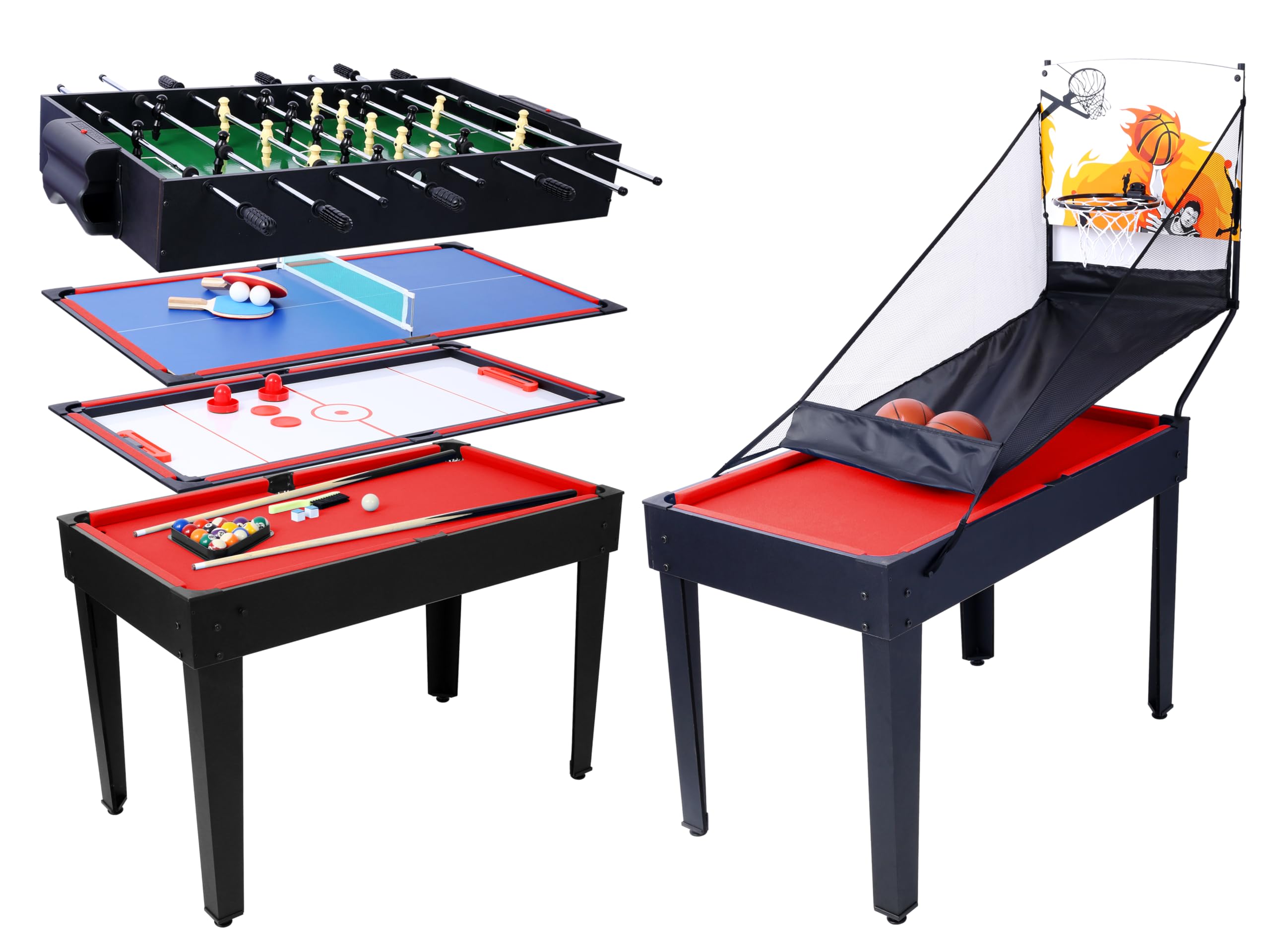 5-in-1 Combo Game Table Set for Home, Game Room, Friends & Family - with Billiards, Push Hockey, Foosball, Ping Pong, and Basketball - Black + Red