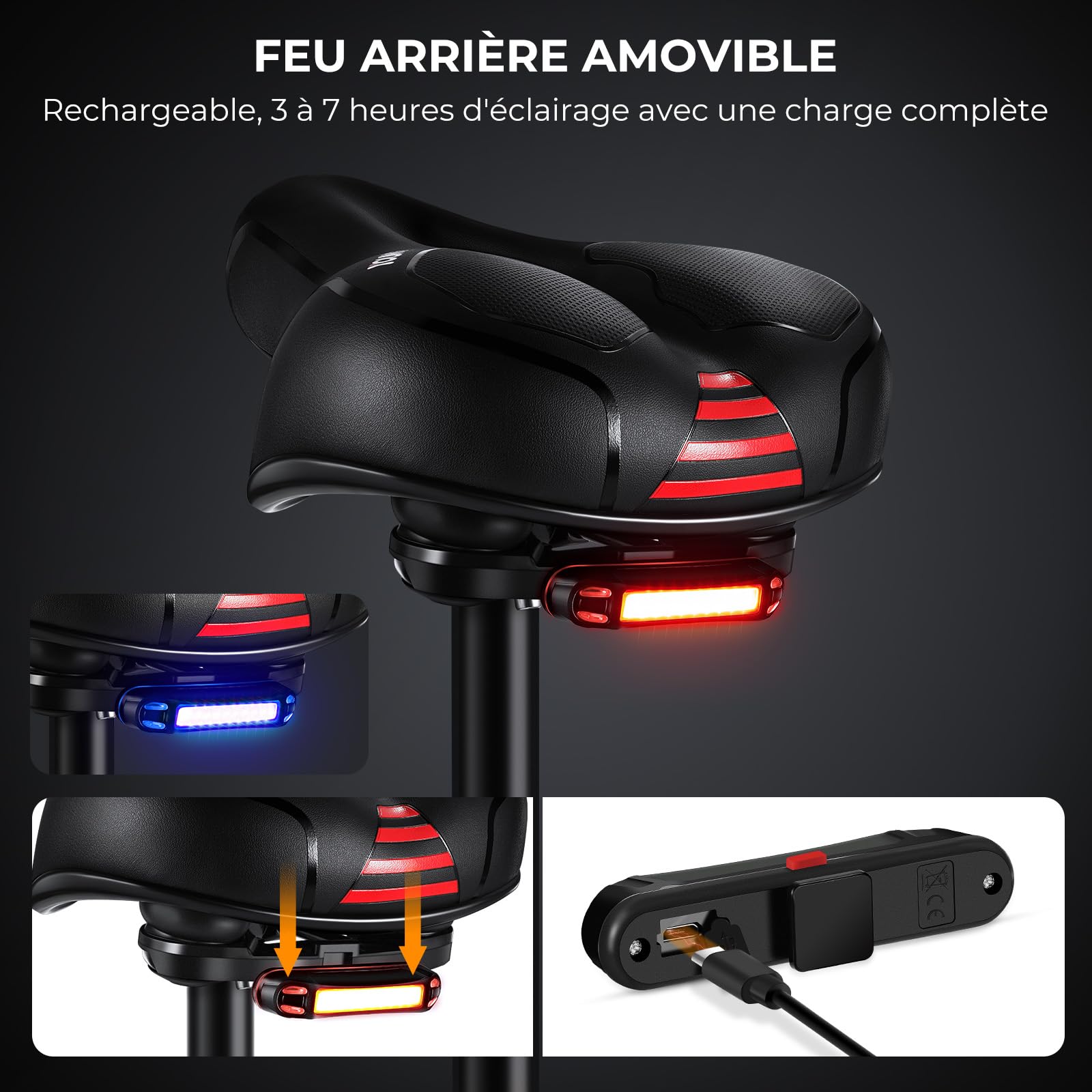 YOUNGDO Selle de Vélo Ultra Confortable, Selle Vélo avec Feu Arrière, Selle Velo Confortable avec Boule d'Amortisseur à Double Ressort, Imperméable, Doux, Respirant, pour Vélo de Ville/VTT