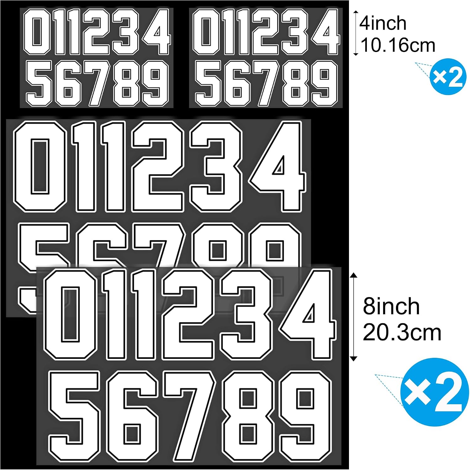 44Pcs 8" & 4" HTV Iron On Numbers - White with Black Double Outline