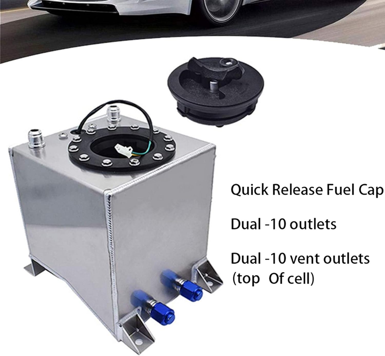 waltyotur 2.5 Gallon Universal Fuel Cell Gas Tank Aluminum Polished Race Street Drift Strip Fuel Cell Tank with Level Sender Silver