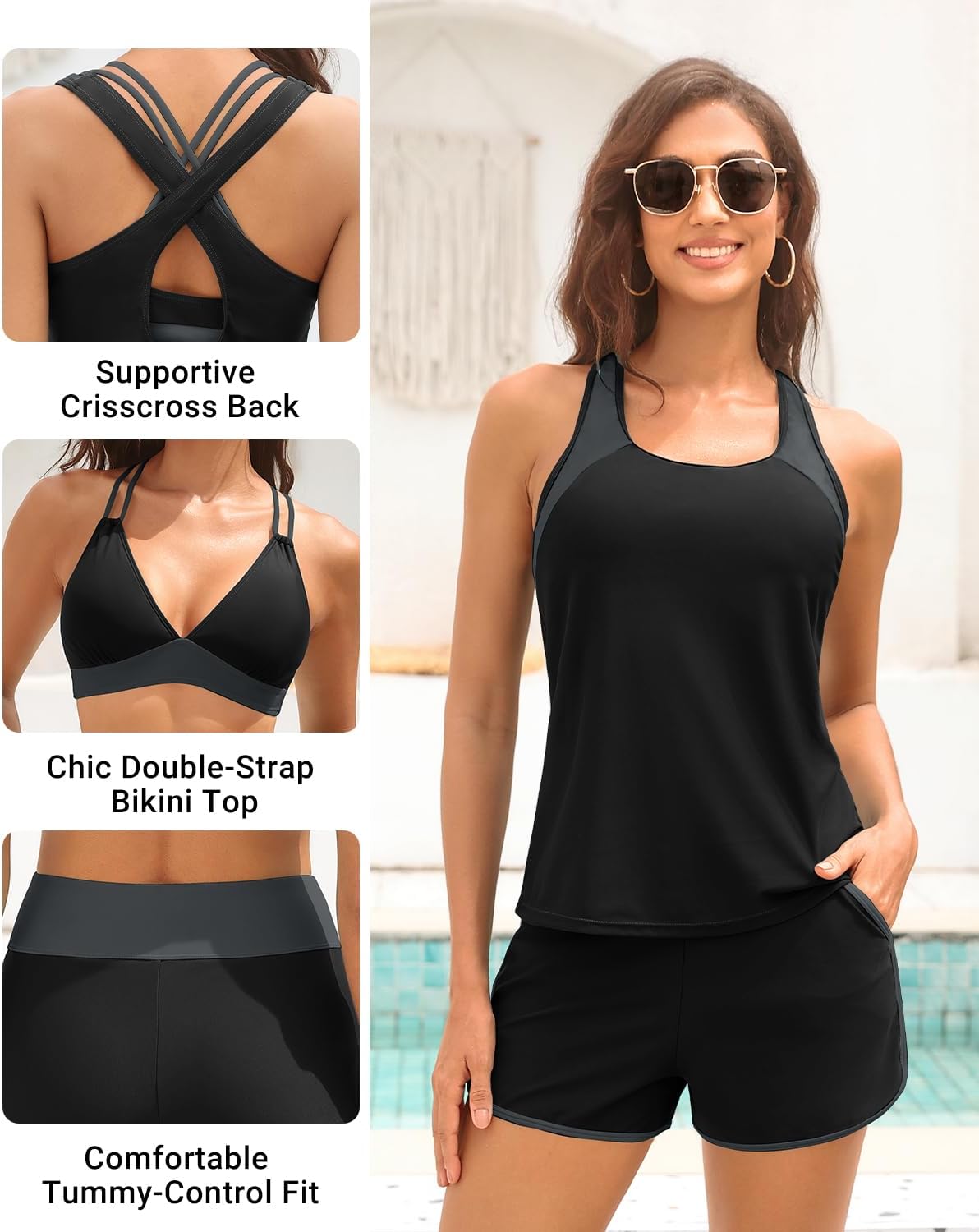 Daci Women 3 Piece Tankini Swimsuits - Tummy Control Tank Top with Bra Modest Bathing Suit with Pockets Boyshorts Bottom 2026 - Image 4
