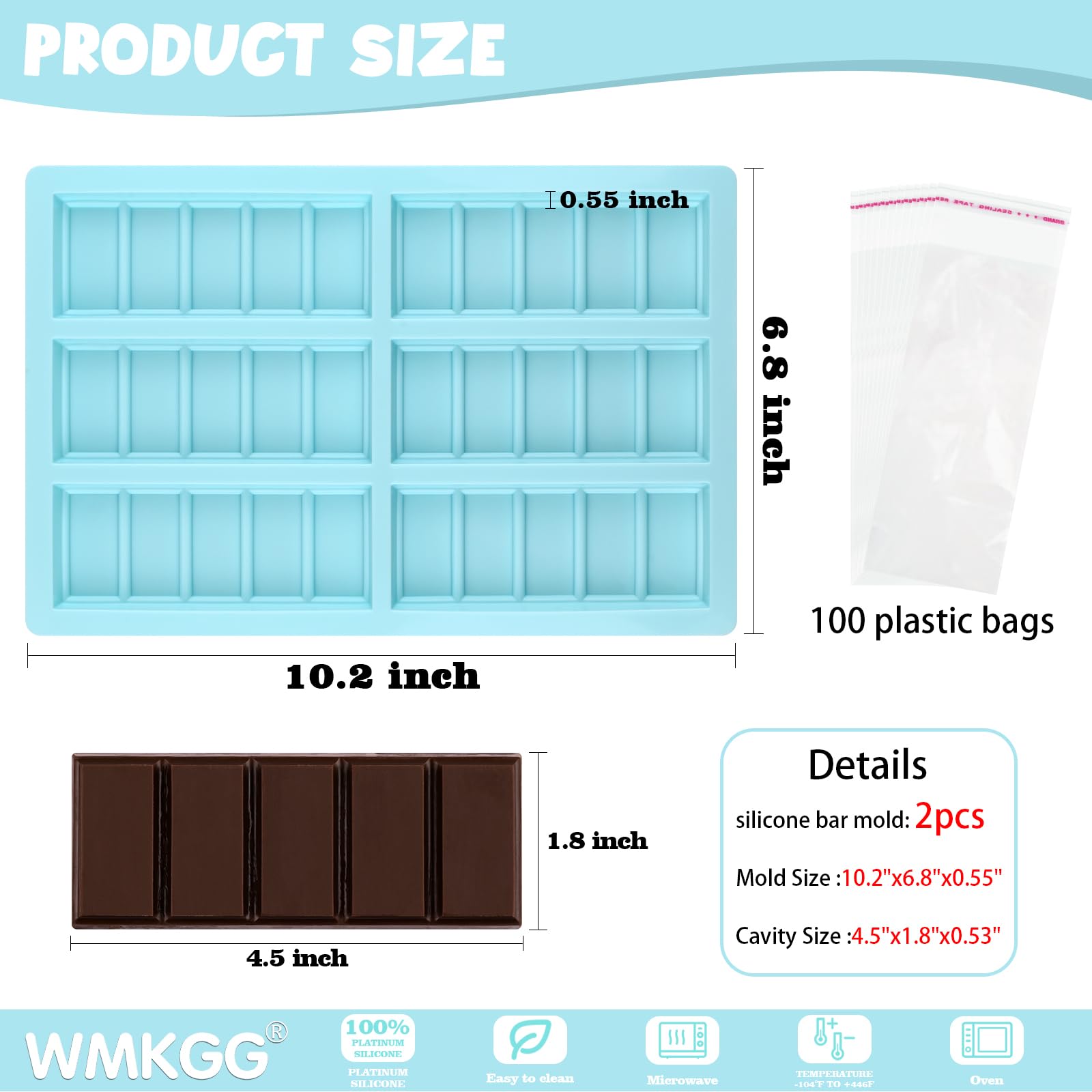 Lot De 2 Moules à Barres De Chocolat WMKGG + 100 Sacs – Silicone Profond 6 Cavités, Violet Et Bleu