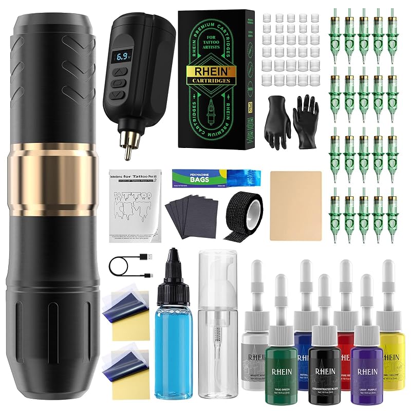 Kit para Tatuagem RHEIN com Máquina sem Fio, Baterias de 1500mAh, 20 Agulhas Cartucho e 7 Cores de Tinta