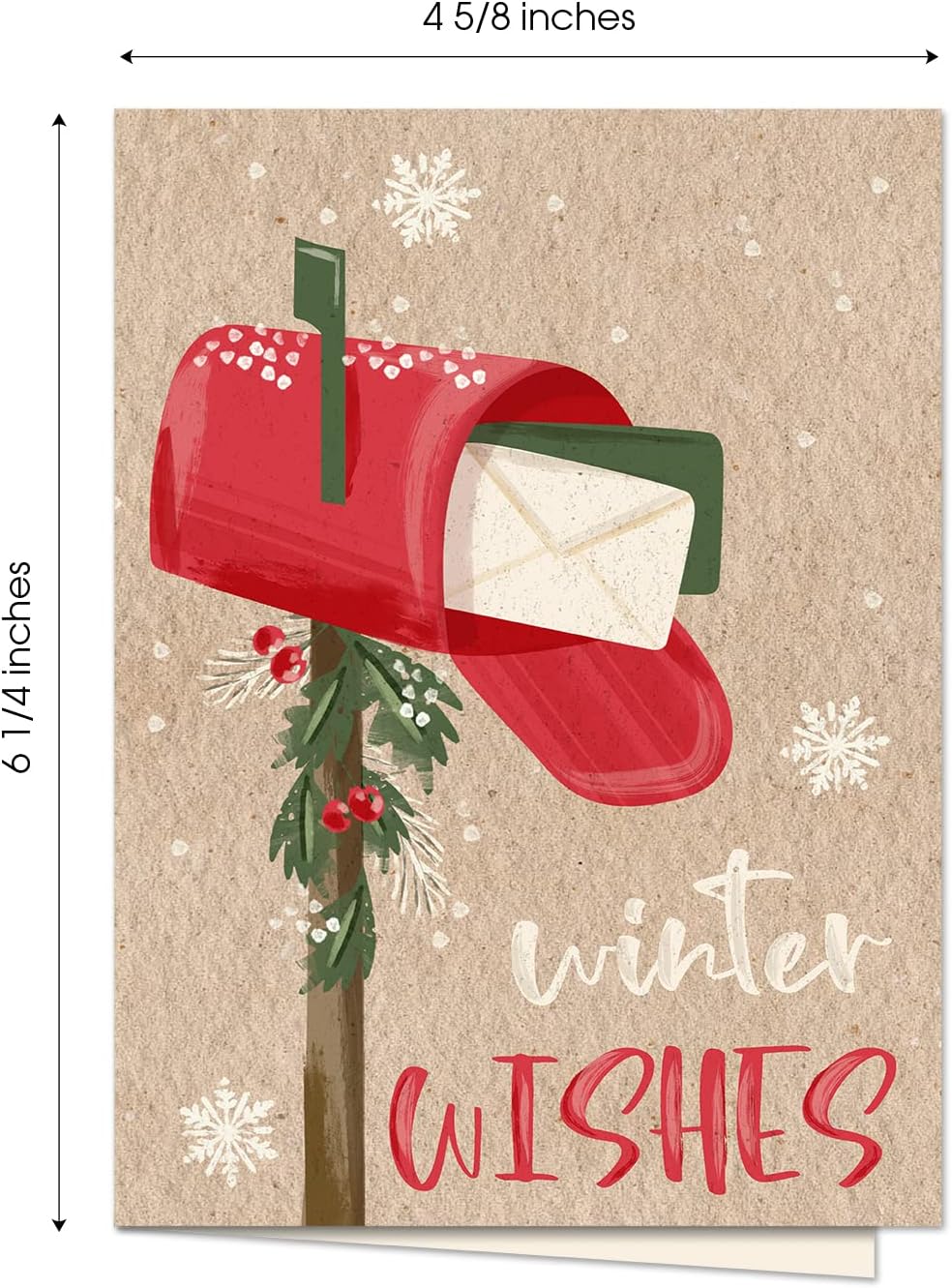 Canopy Street Painted Kraft Style Holiday Cards / 24 Modern Christmas Note Cards With White Envelopes / 4 5/8" x 6 1/4" Illustrated Faux Kraft Greeting Cards / 6 Cheery Winter Designs/Made In The USA
