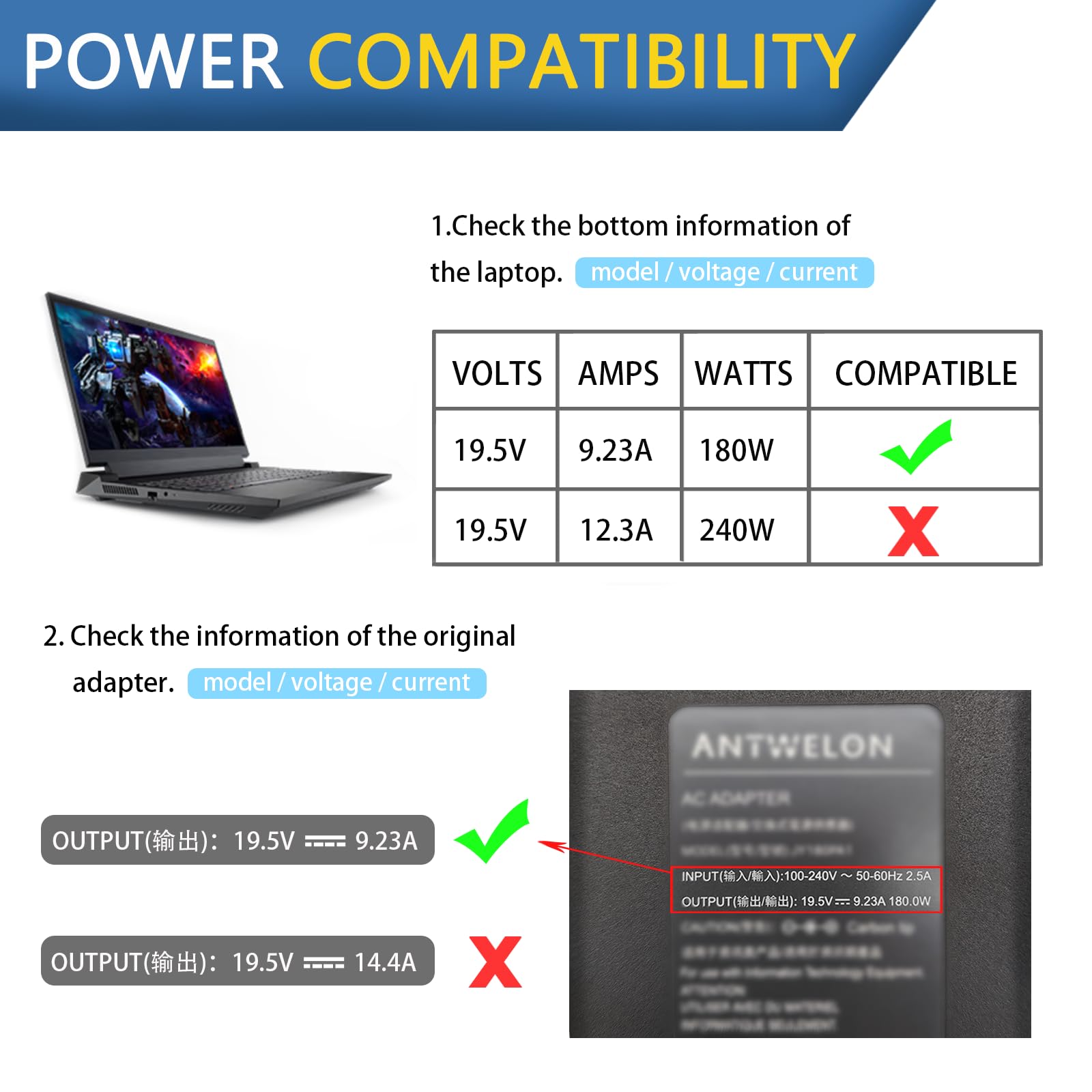 ANTWELON 180W Ładowarka do laptopa MSI GS63 GS63VR GE62 GE70 WS66 WS75 GT70 GT60 GP62 GF65 GF75 GS75 GS73 GS70 Creator 15 17M 15M Bravo 17 15, 19,5V 9,23A 5,5 * 2,5mm