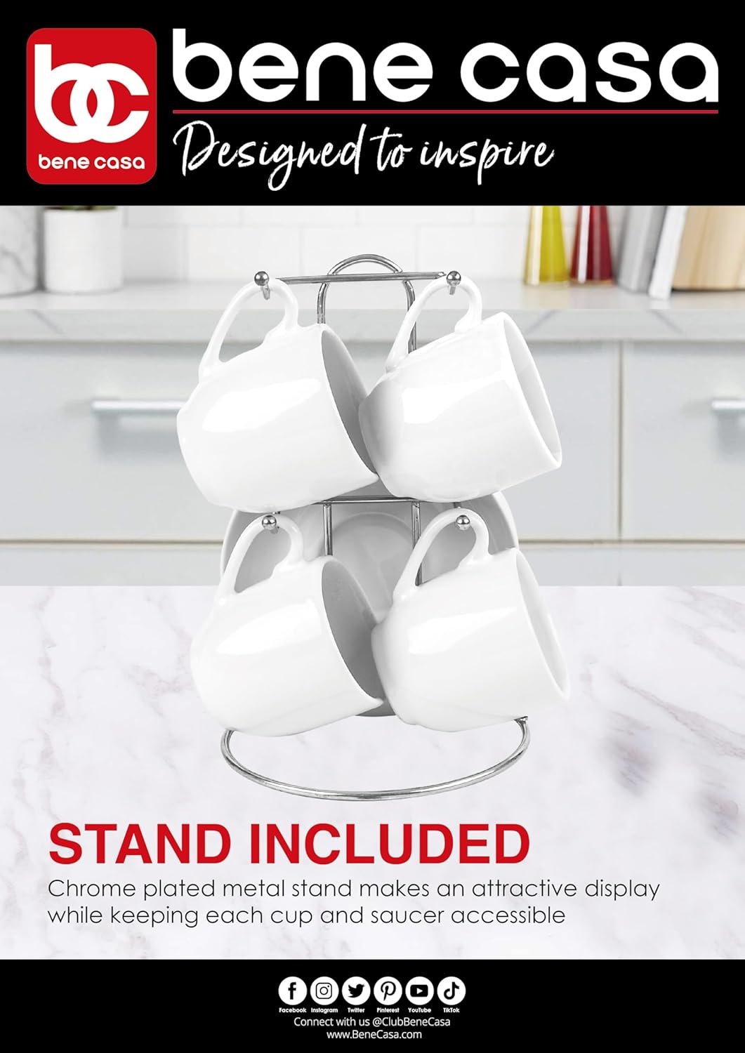 Bene Casa 13-piece Espresso set with metal stand, 4 espresso cup set, cup and saucer set,4-person espresso set, dishwasher safe, White High Glaze