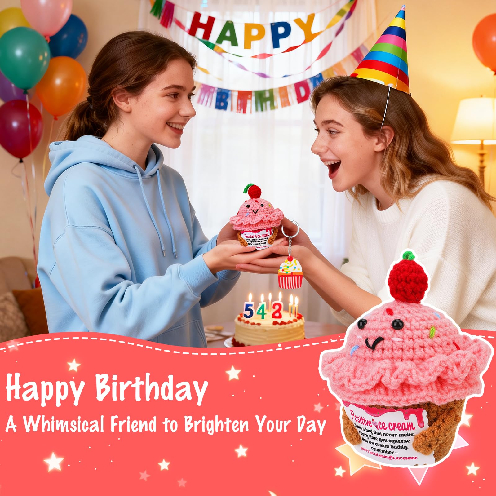Bambola a forma di tazza di gelato all'uncinetto, portachiavi fatti a mano, regalo per donne