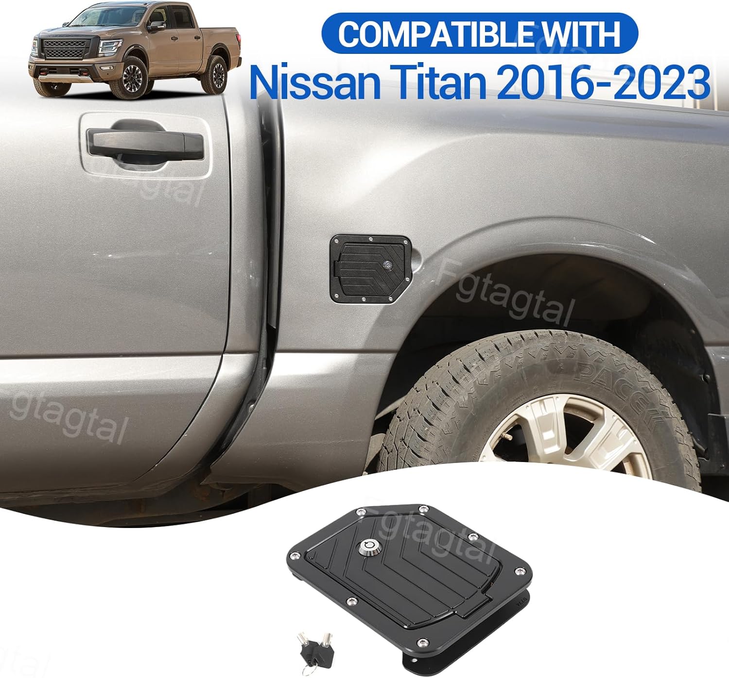 Fuel Filler Door Locking Gas Tank Cap Cover Compatible with Nissan Titan 2016-2023, Aluminum Gas Tank Doors Replacement, Fuel Filler Door Cover Protection Accessories