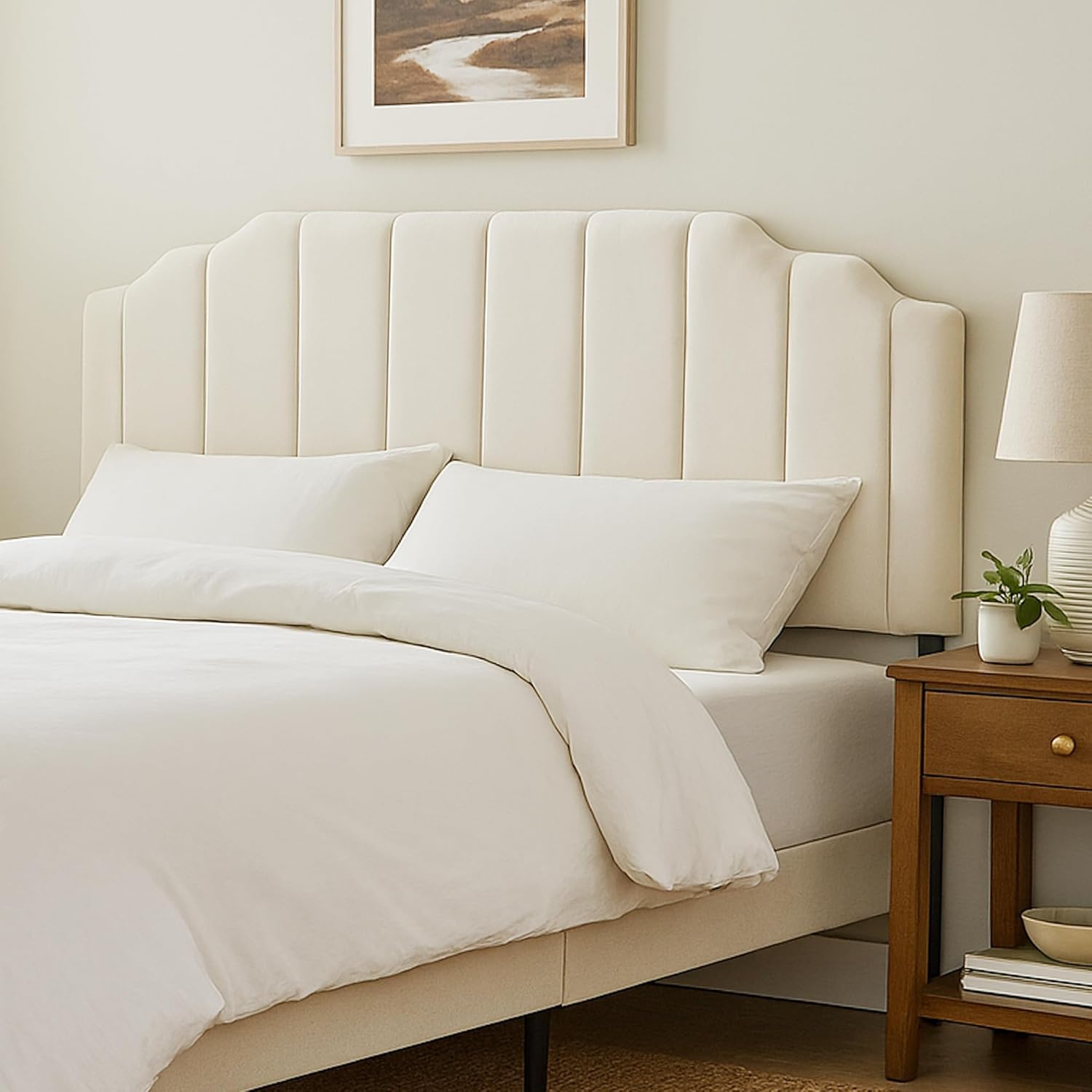 Upholstered Headboard for Full/Queen Beds - Arched Headboard Wall Mount & Bed Frame Mount, Adjustable Height, Velvet Tufted Modern Vertical Channel Design (Beige, Queen (U.S. Standard))