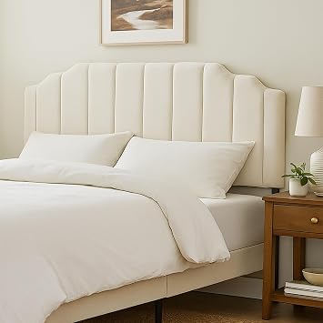 Upholstered Headboard for Full/Queen Beds - Arched Headboard & Bed Frame Mount, Adjustable Height, Velvet Tufted Modern Vertical Channel Design Beige, Queen U.S. Standard