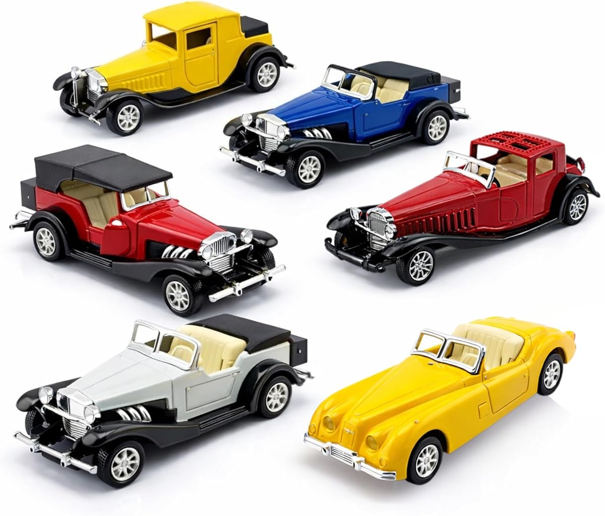 Paquete de 6 coches fundidos a presión, vehículos americanos clásicos antiguos con acción de retroceso y puertas que se pueden abrir, juguete coleccionable de modelos retro vintage para exhibición y regalos para niños (escala 1:32)