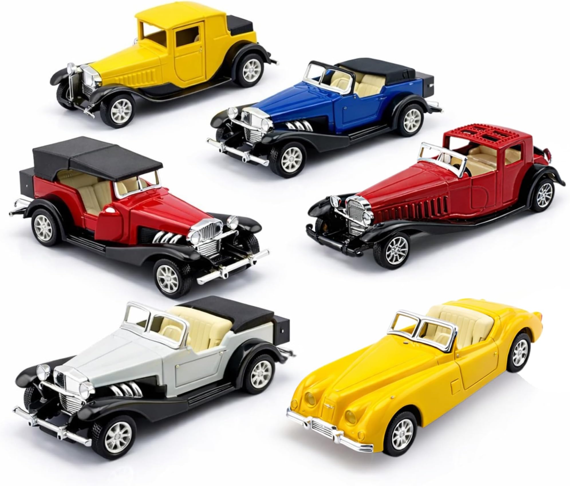 6 Pack - Diecast Cars Antique Classic American Vehicles with Pullback Action and Openable Doors, Collectible Vintage Retro Model Cars Toy for Display and Gifts for Kids (1:32 Scale)