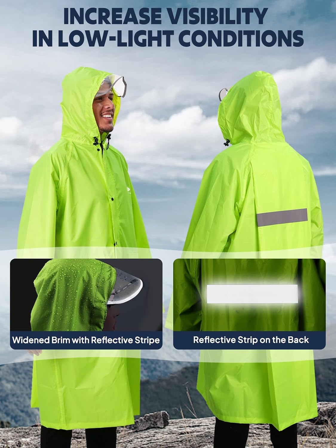 ANYOO Waterproof Raincoat Men Women Packable Hooded Reflective Pockets image 3