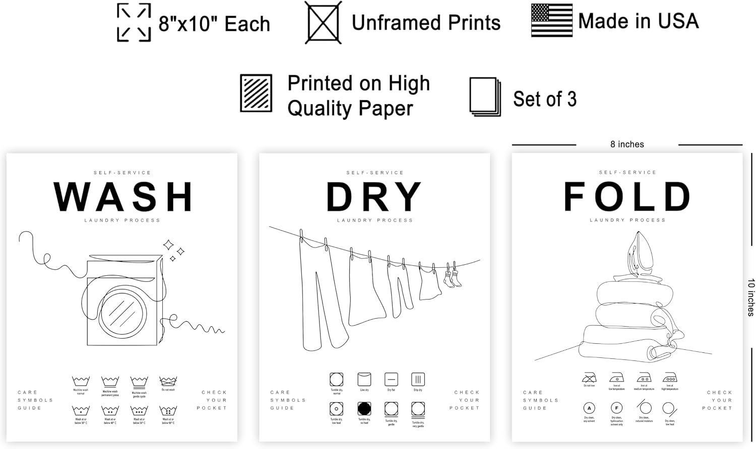 Poster Master 3-Piece Wash Dry Fold Print - Laundry Poster - Line Drawing Art - Black & White Design - Symbols & Guide Art - Minimal Laundry Room Decor - 8x10 UNFRAMED Wall Art