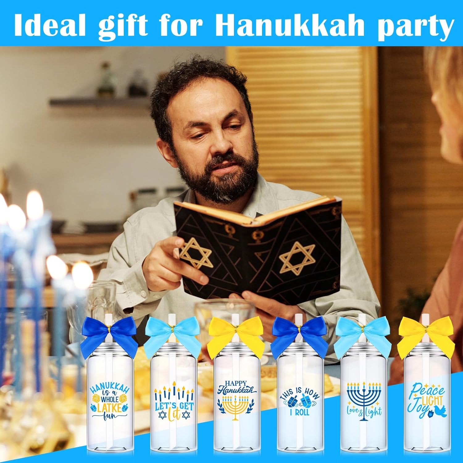 Skylety 24 Pcs Hanukkah Jewish Gift Cups Bulk Happy Chanukah Cups 13.5 oz Plastic Hanukkah Tumbler with Straw Lid Blue Bow Chanukah Party Supplies Gift for Women Friends Christian Pastor Church