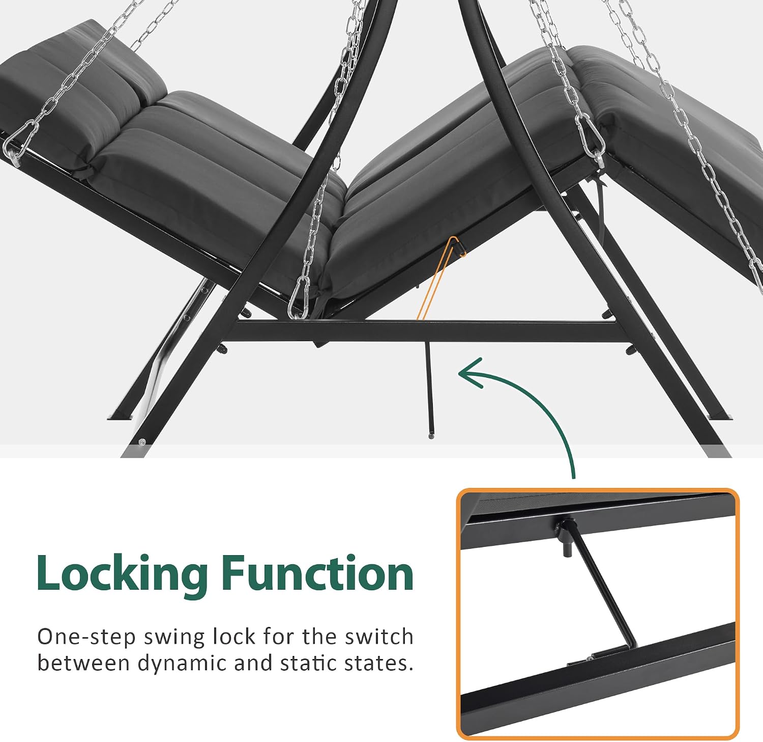 MCombo 3-Seat Convertible Porch Swing for Various Postures, Reclining Outdoor Swing Chair with Chain Armrest, Patio Glider Chair with Thickened Cushions for Backyard, Garden (Dark Gray)
