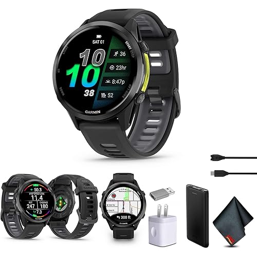 Garmin Forerunner 970 Running Smartwatch, GPS Fitness Smart Watch for Men and Women, Carbon Gray DLC Titanium with Black Case and Black/Translucent Whitestone Band​ Bundle with P-Bank + More