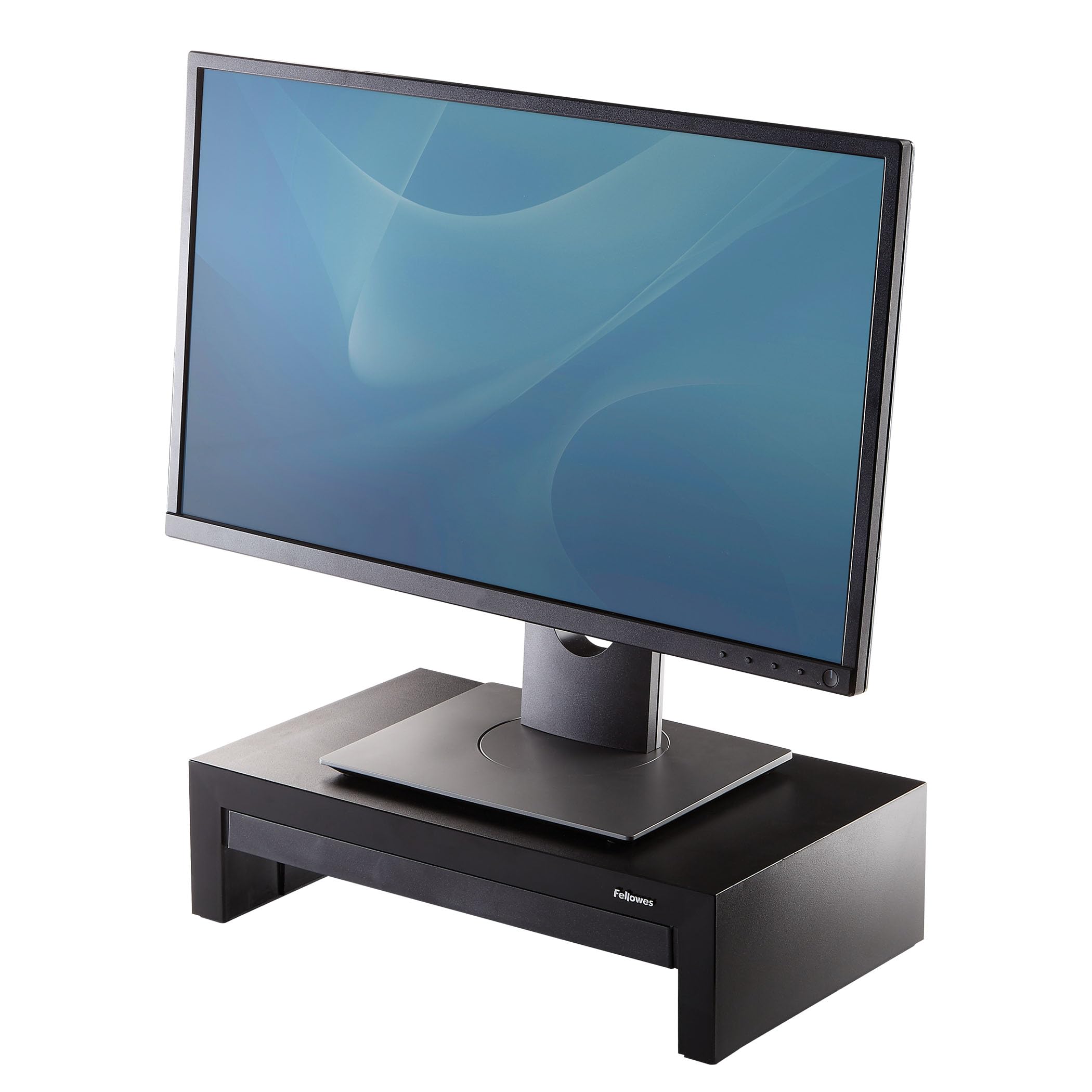 Fellowes Supporto monitor Designer Suites, supporto monitor scrivania regolabile in 3 altezze con cassetto integrato, rialzo monitor per computer, laptop, iMac, PC, notebook, peso massimo 18 kg, nero