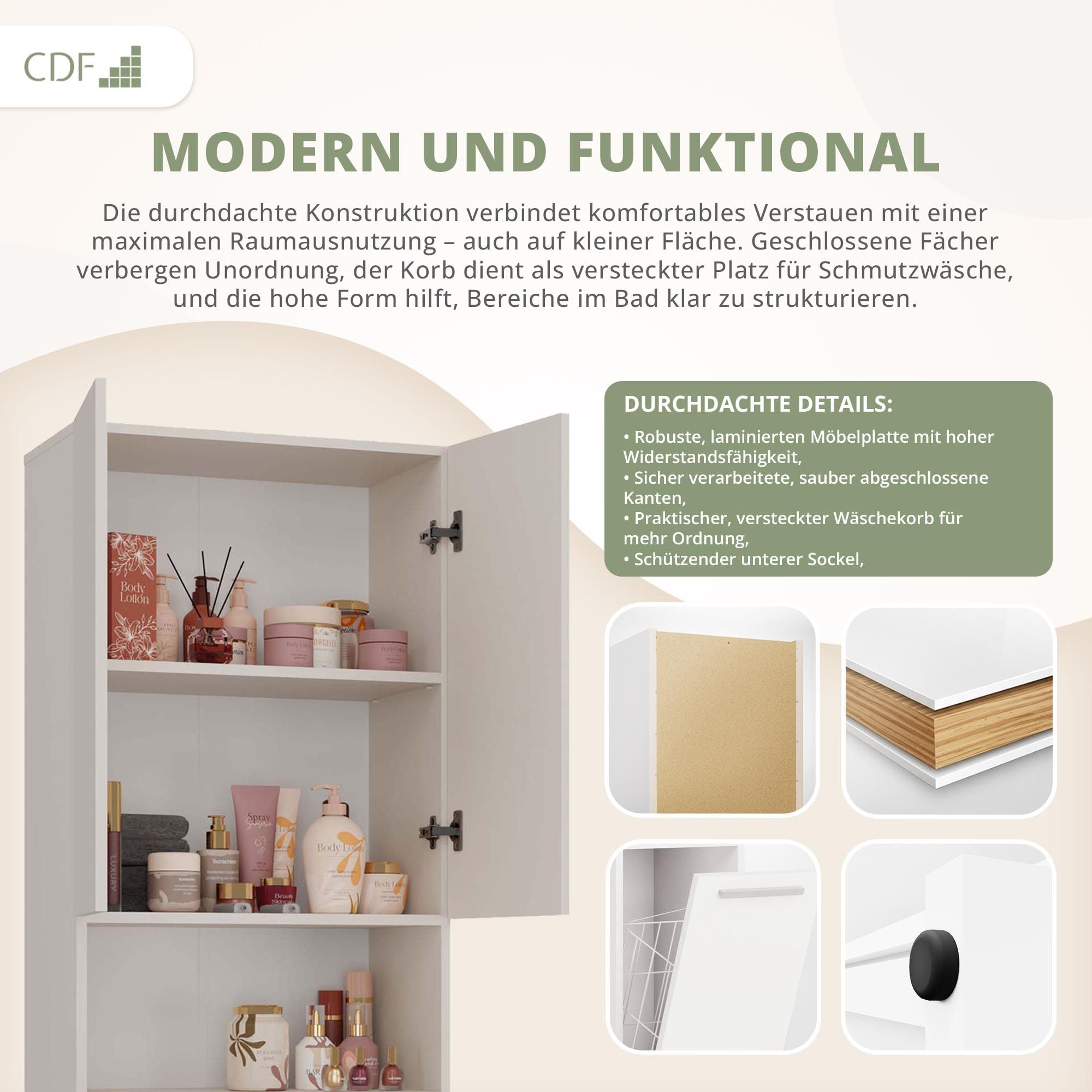 CDF Badezimmerschrank Bad Schrank Mit Wäschekorb Kashmir Badschrank Mehrzweckschrank Badregal Stehend Hochschrank Offene Regale Tür Bodenschrank Allzweckschrank 1 Wäschekorb 174x60x30
