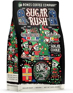 Bones Coffee Company Sugar Rush, Sugar Cookies Flavored Coffee, Medium Roast Low Acid Arabica Beans Compatible with Auto drip and French Press Coffee Maker, 12 Oz Ground