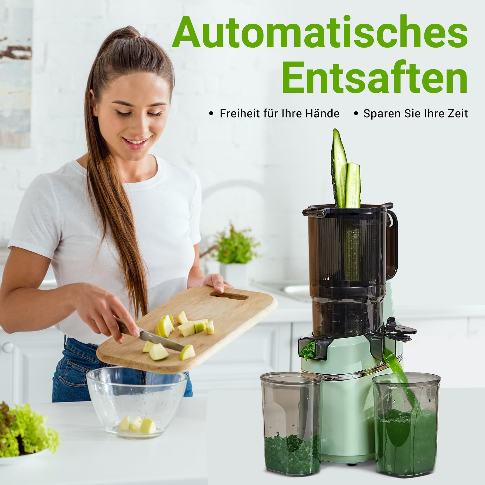 AMZCHEF Extracteur de jus automatique 250W 135mm 1,8L mains libres fruits légumes entiers lent triple filtre Vert