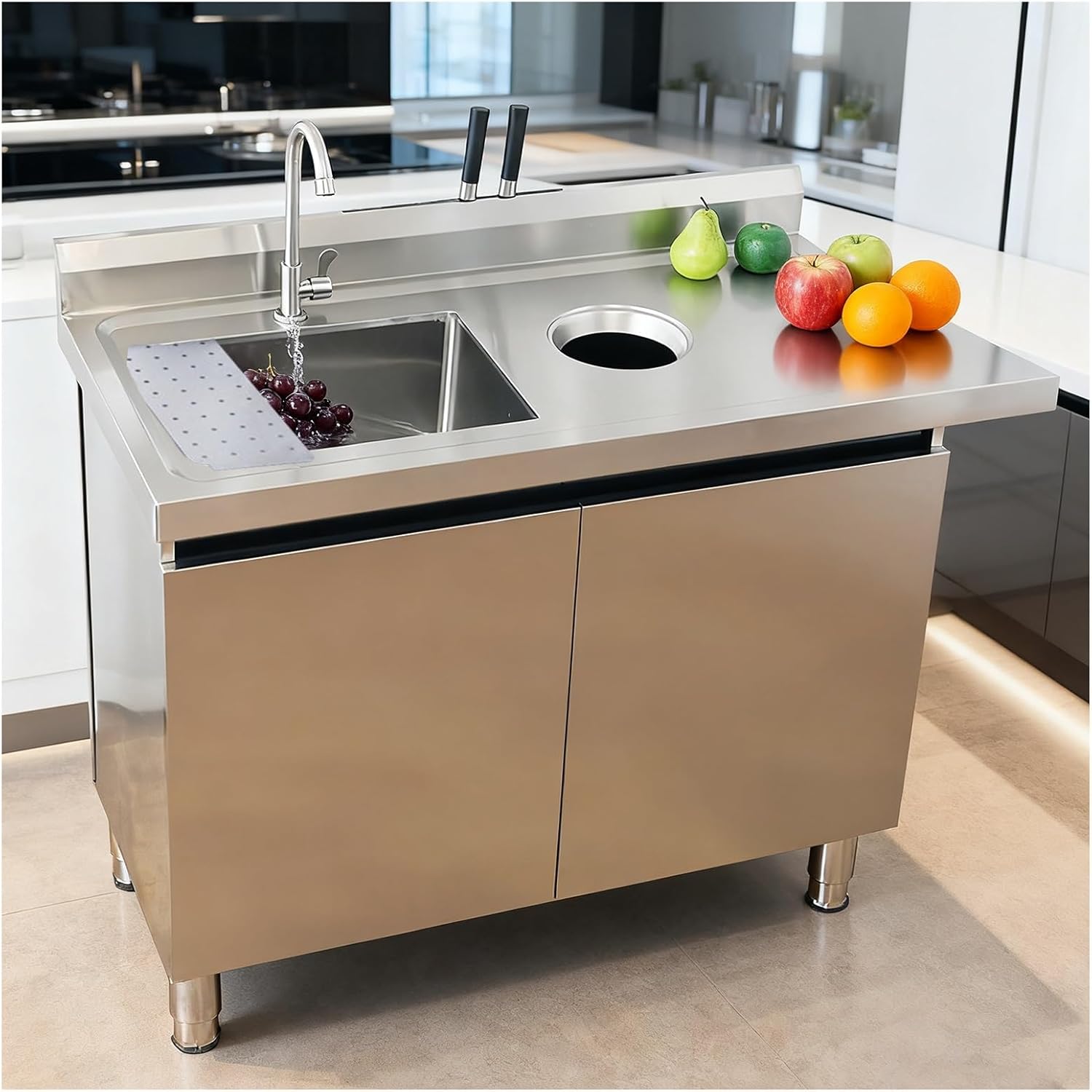 Stainless Steel Table with Sink Kitchen Work Tables Left-Side Chute Large-capacitility Storage Space Rear Water Inlet Commercial Workstation Adjustable Feet High Load Capacitility